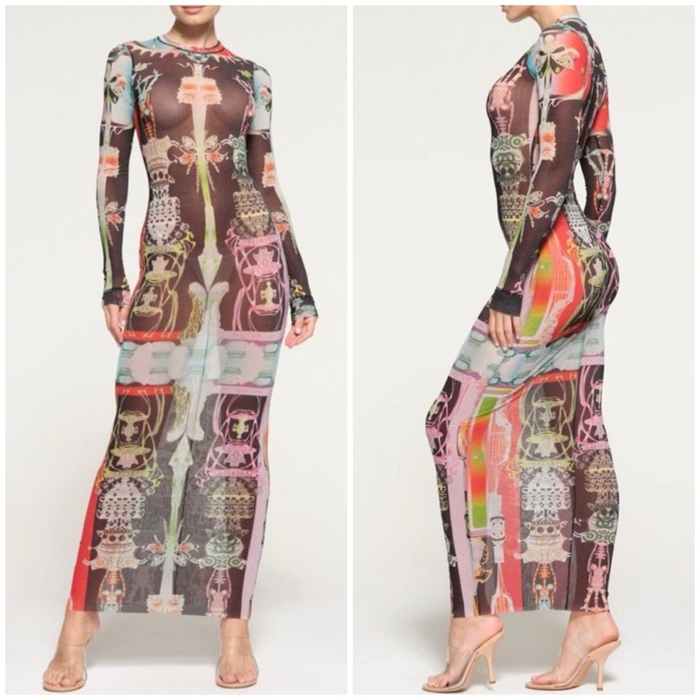 SKIMS Summer Mesh Long Sleeve Maxi Dress In Orchid Cabinet Print Size XS EUC
